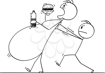 Vector cartoon stick figure drawing conceptual illustration of overweight, morbid obese or fat man eating unhealthy food while another man is helping him to walk.