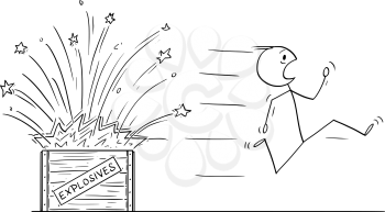 Vector cartoon stick figure drawing conceptual illustration of man, pyrotechnist or bomb disposal expert running away from exploding box with explosives.