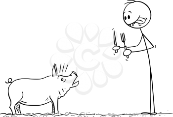 Vector cartoon stick figure drawing conceptual illustration of man smacking his lips while looking at terrified pig with fork and knife in hands.