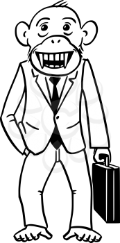 Vector cartoon character drawing conceptual illustration of monkey, ape or chimpanzee businessman in suit and briefcase. Monkey business concept.