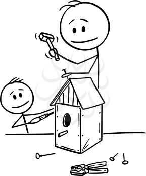 Vector cartoon stick figure drawing conceptual illustration of man and boy or father and son building together birdhouse for birds in workshop.