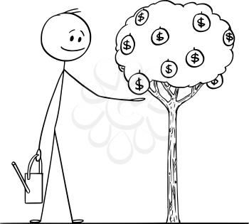 Vector cartoon stick figure drawing conceptual illustration of man or businessman watering small tree with money fruit with dollar symbol.
