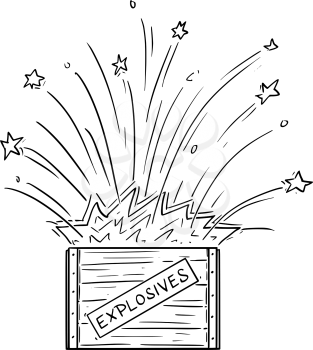 Vector cartoon drawing conceptual illustration of exploding box with explosives.