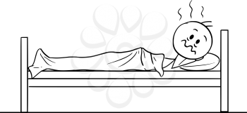 Vector cartoon stick figure drawing conceptual illustration of tired man with insomnia lying in bed in night and can't sleep.