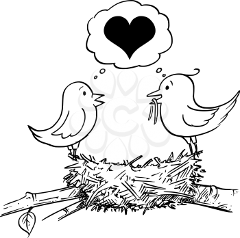 Vector cartoon drawing conceptual illustration of loving couple of male and female birds in love building nest and thinking together about heart symbol
