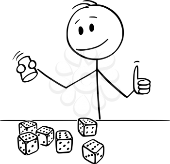 Vector cartoon stick figure drawing conceptual illustration of happy man or player or businessman rolling dices in casino with all dices showing six dots. Concept of success.