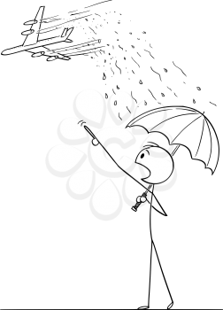 Vector cartoon stick figure drawing conceptual illustration of man with umbrella pointing in panic at passenger jet aircraft. Chemtrail conspiracy theory concept.