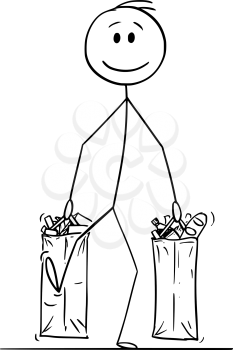 Vector cartoon stick figure drawing conceptual illustration of happy smiling man carrying big shopping bags full of food and other goods or groceries.