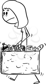 Vector cartoon stick figure drawing conceptual illustration of unhappy and tired woman carrying big shopping bag full of food and other goods or groceries.