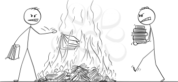 Vector cartoon stick figure drawing conceptual illustration of two men burning books, throwing books in fire. Concept of censorship and hate.
