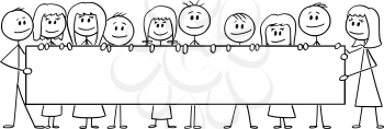 Vector cartoon stick figure drawing conceptual illustration of group of smiling kids or children, boys and girls holding together big empty horizontal sign.