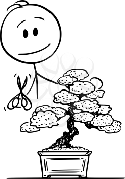 Vector cartoon stick figure drawing conceptual illustration of man pruning bonsai tree.