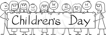 Vector cartoon stick figure drawing conceptual illustration of group of smiling children holding big sign with Children's Day text on it.