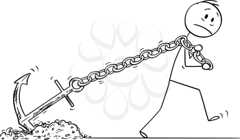 Vector cartoon stick figure drawing conceptual illustration of frustrated man or businessman dragging or pulling big anchor as life or work problem metaphor.