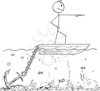 Vector cartoon stick figure drawing conceptual illustration of confident man or businessman standing on small boat and pointing forward, but don't moving because of big anchor stuck on the seabed.