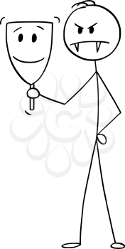 Vector cartoon stick figure drawing conceptual illustration of evil man or businessman hiding behind or wearing likeable or personable smiling mask.