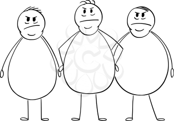 Vector cartoon stick figure drawing conceptual illustration of group of three angry overweight or fat men.