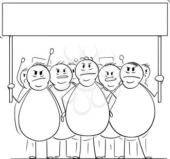 Vector cartoon stick figure drawing conceptual illustration of group of angry overweight or fat men or people on demonstration demonstrating with empty sign. Concept of health, consumerism and sustainability.