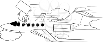 Vector cartoon stick figure drawing conceptual illustration of rich man, celebrity person or businessman flying with private jet aircraft and holding empty sign ready for your text.