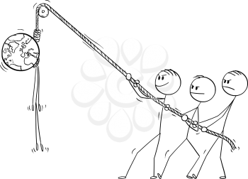 Vector cartoon stick figure drawing conceptual illustration of people hanging planet Earth hanged on the rope. Death of the world, environmental preservation concept.