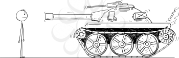 Vector cartoon stick figure drawing conceptual illustration of brave unarmed man or protester facing army tank.