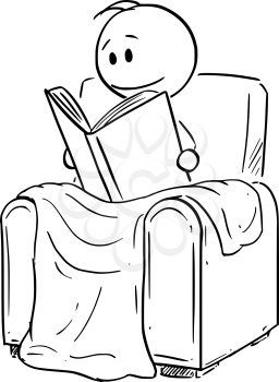 Vector cartoon stick figure drawing conceptual illustration of man siting under blanket in comfortable armchair or chair and reading the book.