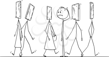 Vector cartoon stick figure drawing conceptual illustration of people or pedestrians walking on the street with mobile phone or smartphone as head. Ordinary man is looking at it amazed. Concept of addiction.