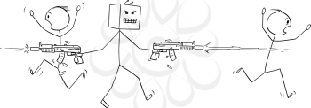 Vector cartoon stick figure drawing conceptual illustration of mad robot shooting weapons and killing people. Concept of artificial intelligence uprising.