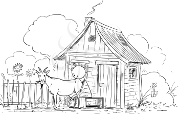 Vector cartoon stick figure drawing conceptual illustration of man or farmer milking goat on small old rural farm.