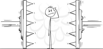 Vector cartoon stick figure drawing conceptual illustration of man or businessman trapped or under pressure.