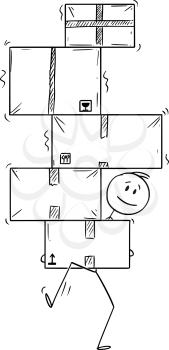 Vector cartoon stick figure drawing conceptual illustration of man or businessman carrying or balancing big pile of carton or paper boxes.