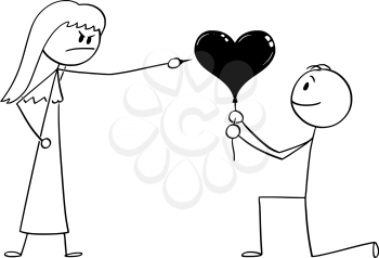 Vector cartoon stick figure drawing conceptual illustration of man in love kneeling and giving heart shape ballon to woman. She is rejecting using pin to burst t