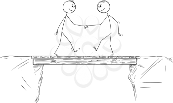 Vector cartoon stick figure drawing conceptual illustration of two men or businessmen shaking hands on the bridge. Business cooperation concept.