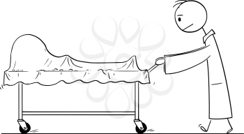 Vector cartoon stick figure drawing conceptual illustration of doctor or hospital orderly pushing cart with covered dead body.