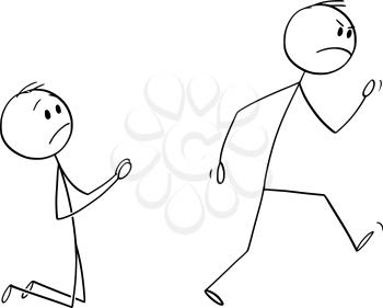 Vector cartoon stick figure drawing conceptual illustration of angry customer or worker walking away and kneeling man begging him to don't leave.