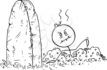 Vector cartoon stick figure drawing conceptual illustration of dead Halloween zombie rising out of the grave on cemetery.