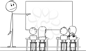 Vector cartoon stick figure drawing conceptual illustration of teacher in classroom with marker in hand pointing at empty whiteboard.