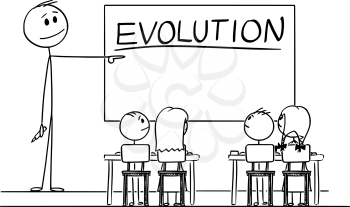 Vector cartoon stick figure drawing conceptual illustration of teacher in classroom with marker in hand pointing at evolution word written whiteboard.