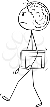 Vector cartoon stick figure drawing conceptual illustration of genial or brilliant man or scientist with big brain is walking with book.