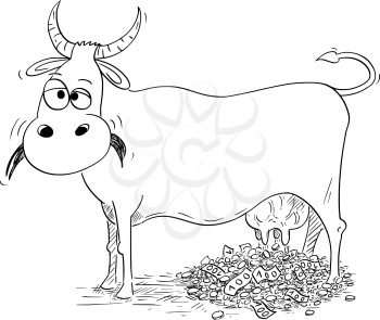 Vector cartoon stick figure drawing conceptual illustration of cash cow giving or milking money. Concept of cash generating product.