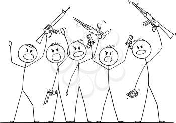 Vector cartoon stick figure drawing conceptual illustration of group or crowd of soldiers or armed people with guns demonstrating or brandish with pistols and rifles.