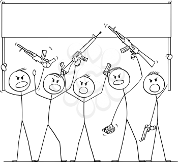 Vector cartoon stick figure drawing conceptual illustration of group or crowd of soldiers, or armed people with guns demonstrating or brandish with pistols and rifles and holding empty sign.