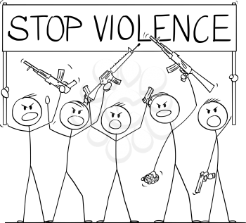 Vector cartoon stick figure drawing conceptual illustration of group or crowd of soldiers, or armed people with guns demonstrating or brandish with pistols and rifles and holding stop violence sign.