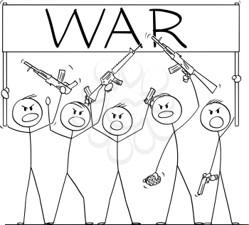 Vector cartoon stick figure drawing conceptual illustration of group or crowd of soldiers, or armed people with guns demonstrating or brandish with pistols and rifles and holding war sign.