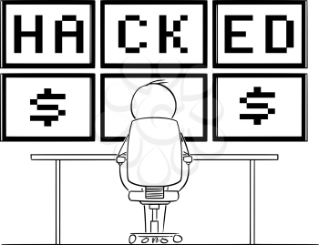 Vector cartoon stick figure drawing conceptual illustration of man or businessman sitting in front of six computer monitors mounted on wall, and watching the hacked text. Concept of cyber crime.