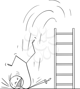 Vector cartoon stick figure drawing conceptual illustration of man or businessman falling hard from ladder. Business or career concept of failure.