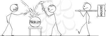 Vector cartoon stick figure drawing conceptual illustration of two men or businessmen beating problem with hammers, third man is going with bigger hammer. Concept of cracking or solving problem.