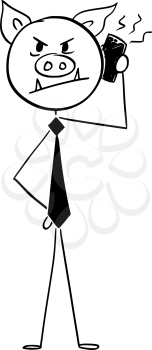 Vector cartoon stick figure drawing conceptual illustration of greedy pig businessman with mobile phone in hand.