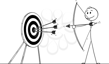Vector cartoon stick figure drawing conceptual illustration of successful man or businessman shooting arrow at target with bow. Business concept of pointing at goal or success.
