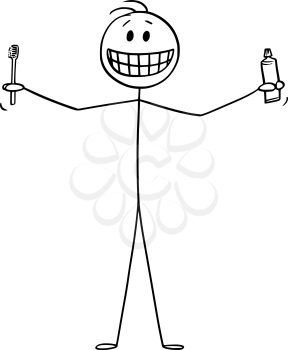 Vector cartoon stick figure drawing conceptual illustration of smiling man showing his teeth, and holding tooth brush or toothbrush and tooth paste or tooth paste in hands.